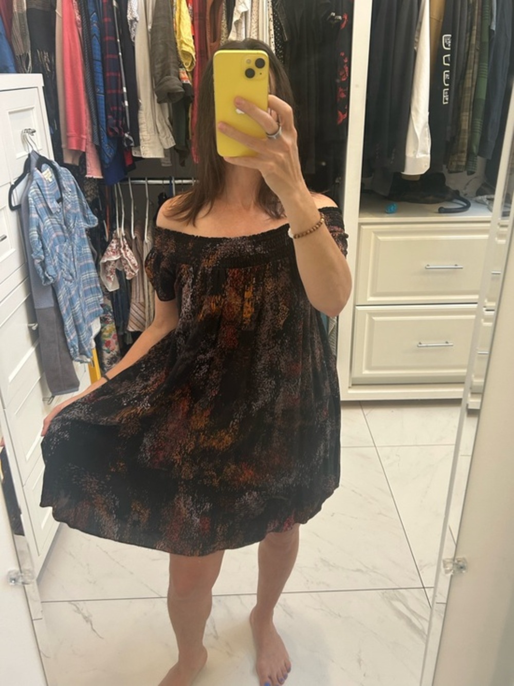 Talula Black Mini Dress with Red, Orange, Purple & Brown Abstract Print